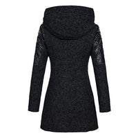 Damen Winterjacke mit Kapuze, schwarz, Wollmischung, gesteppte Ärmel, modisch und warm.
