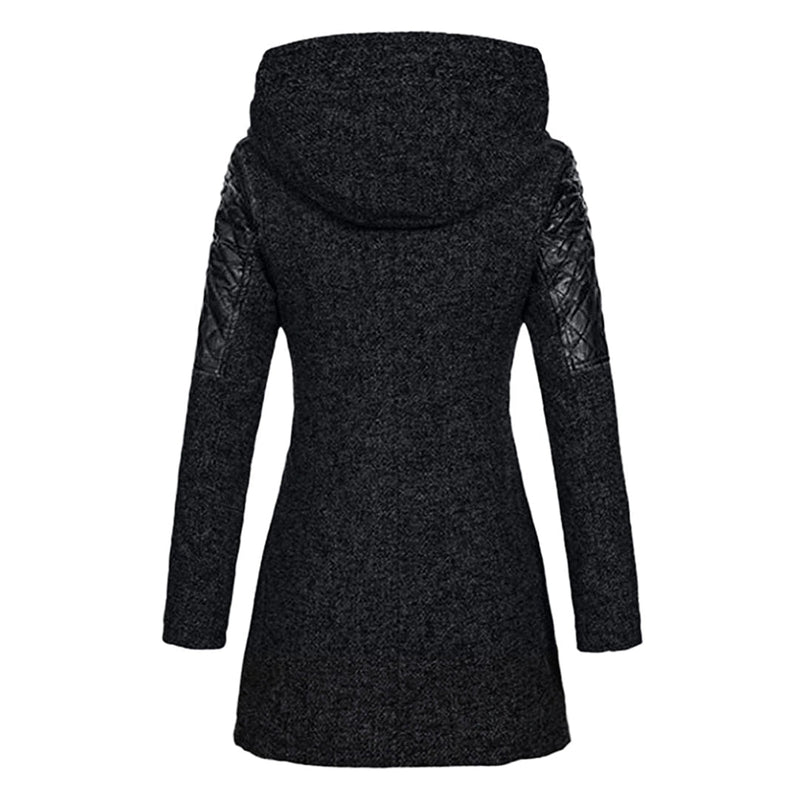 Damen Winterjacke mit Kapuze, schwarz, Wollmischung, gesteppte Ärmel, modisch und warm.