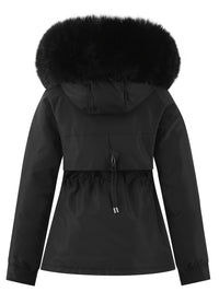 Schwarze Damenjacke mit Kapuze und Kunstfellkragen, Wintermantel, modisch und warm.