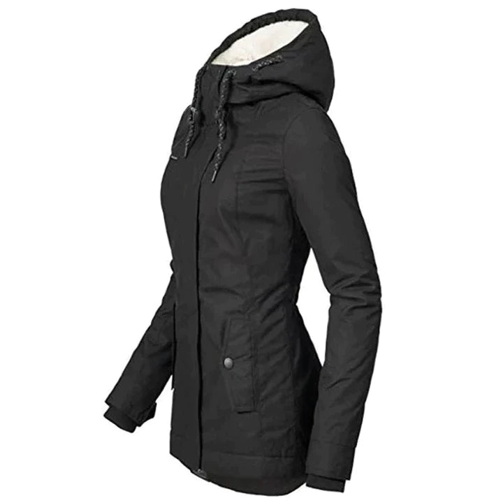 Schwarze Damen-Winterjacke mit Kapuze, warm gefüttert, modisch, wetterfest.