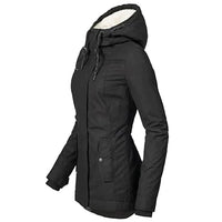 Schwarze Damen-Winterjacke mit Kapuze, warm gefüttert, modisch, wetterfest.