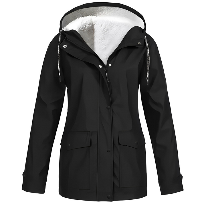 Schwarze Damenjacke mit Kapuze, wasserdicht, gefüttert, ideal für Outdoor-Aktivitäten.