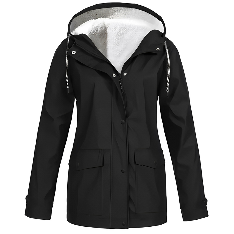 Schwarze Damenjacke mit Kapuze, wasserdicht, gefüttert, ideal für Outdoor-Aktivitäten.