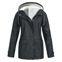 Damen Winterjacke schwarz, gefüttert, Kapuze, warm, wasserdicht, Outdoor-Bekleidung.