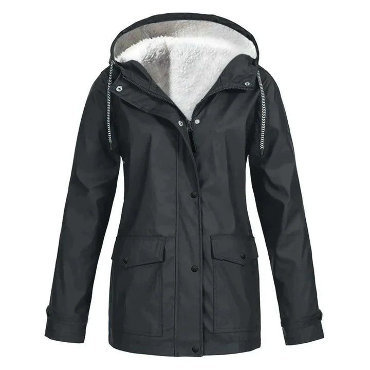 Damen Winterjacke schwarz, gefüttert, Kapuze, warm, wasserdicht, Outdoor-Bekleidung.