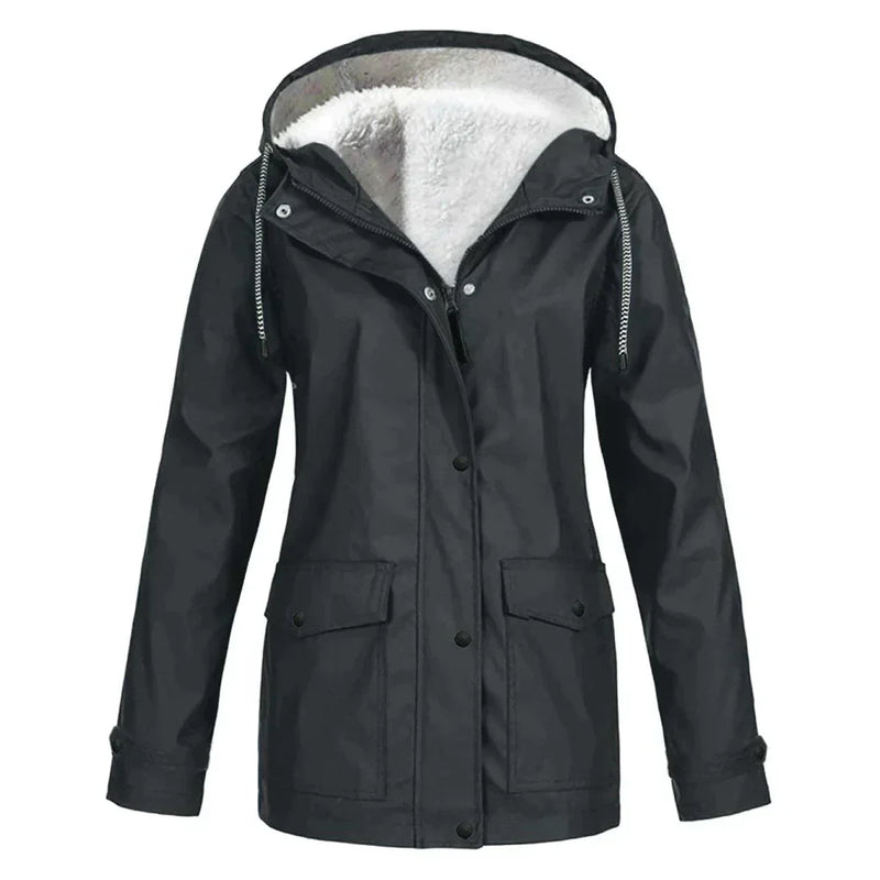Damen Winterjacke schwarz, gefüttert, Kapuze, warm, wasserdicht, Outdoor-Bekleidung.