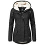 Schwarze Damen-Winterjacke mit Kapuze, Fleece-Futter, wasserdicht, warm, modisch.