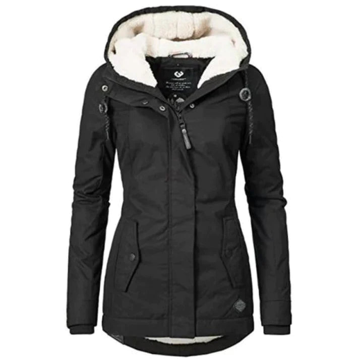 Schwarze Damen-Winterjacke mit Kapuze, Fleece-Futter, wasserdicht, warm, modisch.