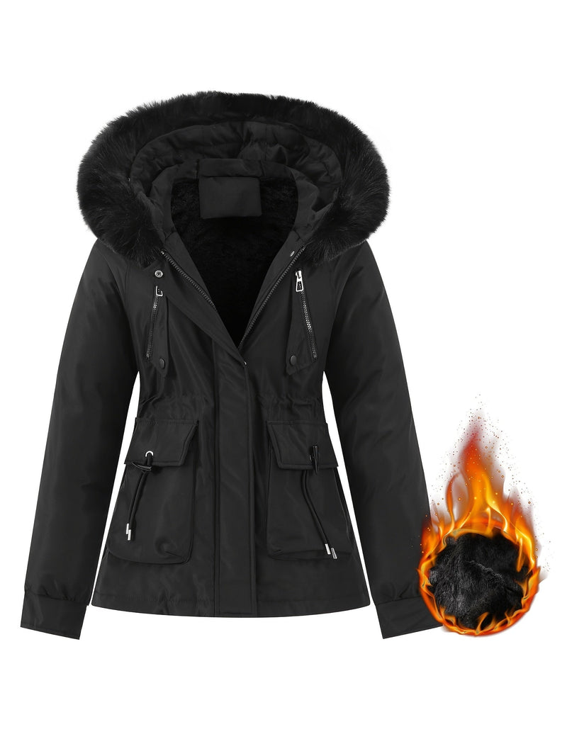 Schwarze Damen-Winterjacke mit Kunstfellkapuze, wasserabweisend, warm, modisch.