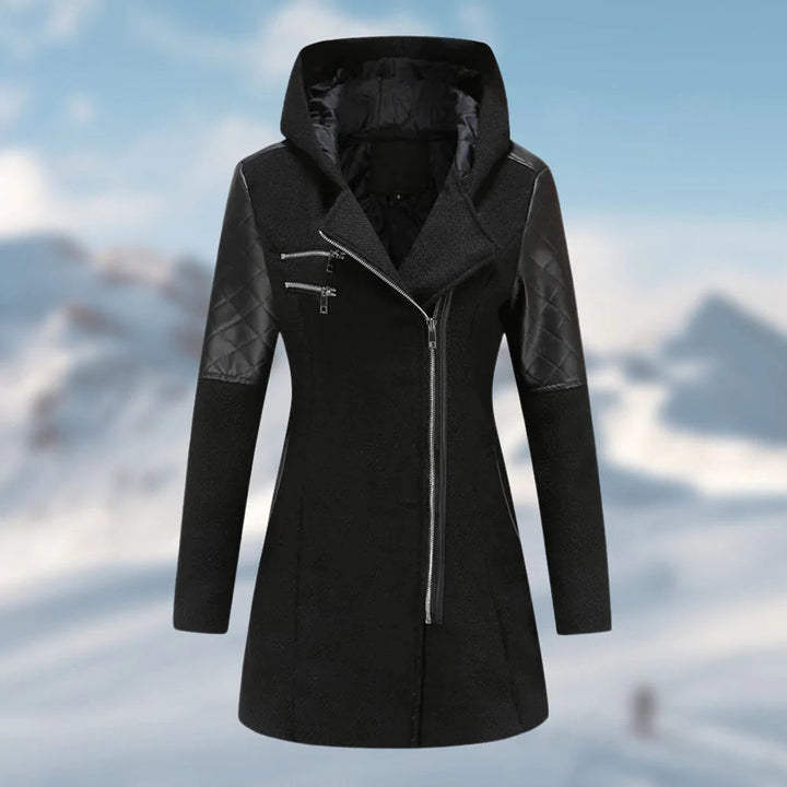Damen Winterjacke schwarz, Kapuze, Reißverschluss, gesteppte Ärmel, warm, modisch, Outdoor.