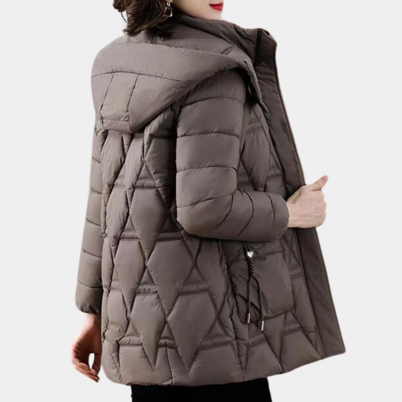 Damen Winterjacke, grau, gesteppte Daunenoptik, Kapuze, warm, modisch, Outdoor-Bekleidung.