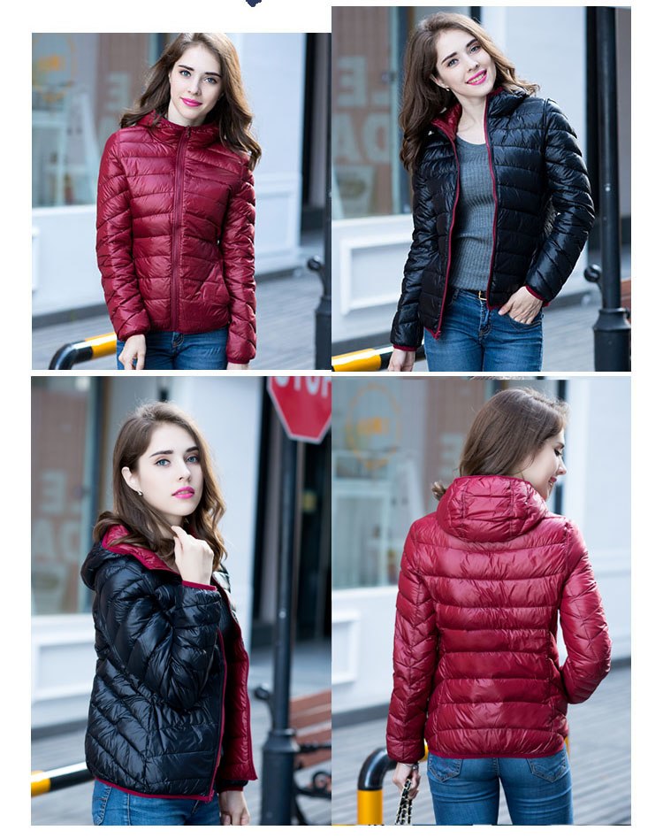 Damen-Daunenjacke, rot und schwarz, leicht, warm, modisch, Winterbekleidung.