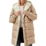 Beige Damen Wintermantel mit Kapuze, gefüttert, warm, modisch, ideal für kalte Temperaturen.