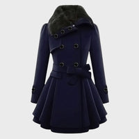 Damen Wintermantel blau, doppelte Knopfleiste, Gürtel, Pelzkragen, elegant, warm.