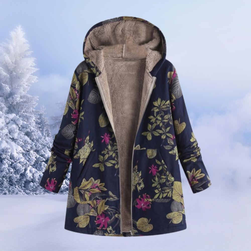 Damen Wintermantel mit Blumenmuster, dunkelblau, Fleece-Futter, Kapuze, warm, modisch.