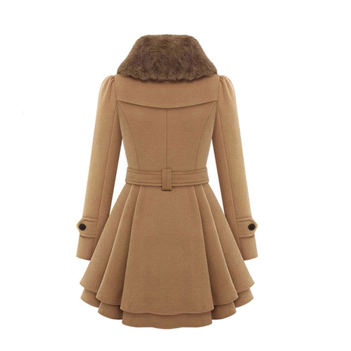 Damen Wintermantel beige, Pelzkragen, tailliert, elegant, warm, modisch, hochwertig.