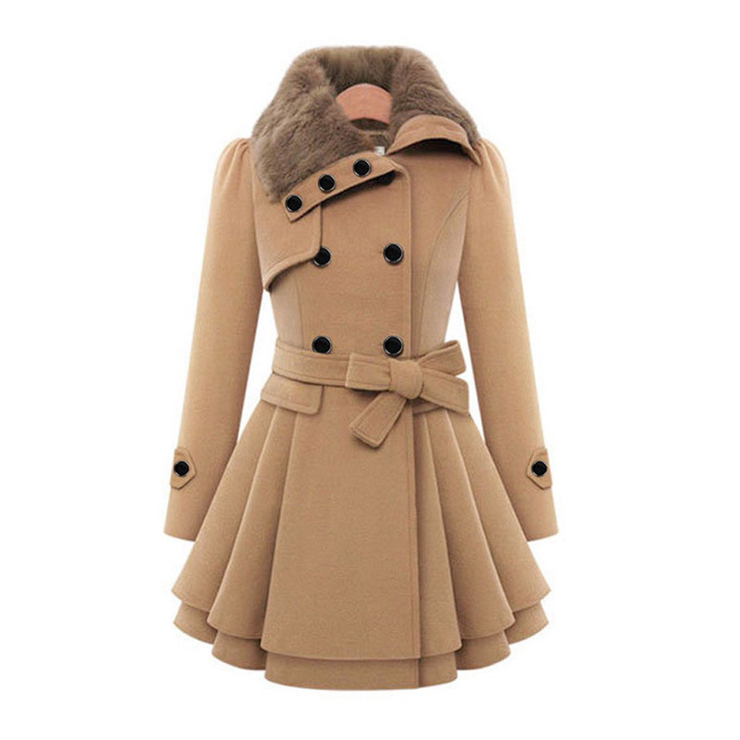 Damen Wintermantel beige, doppelte Knopfleiste, Gürtel, Pelzkragen, elegantes Design.