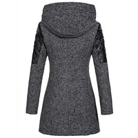 Damen Winterjacke grau mit Kapuze, gesteppte Ärmel, warm, modisch, elegant, Outdoor-Bekleidung.