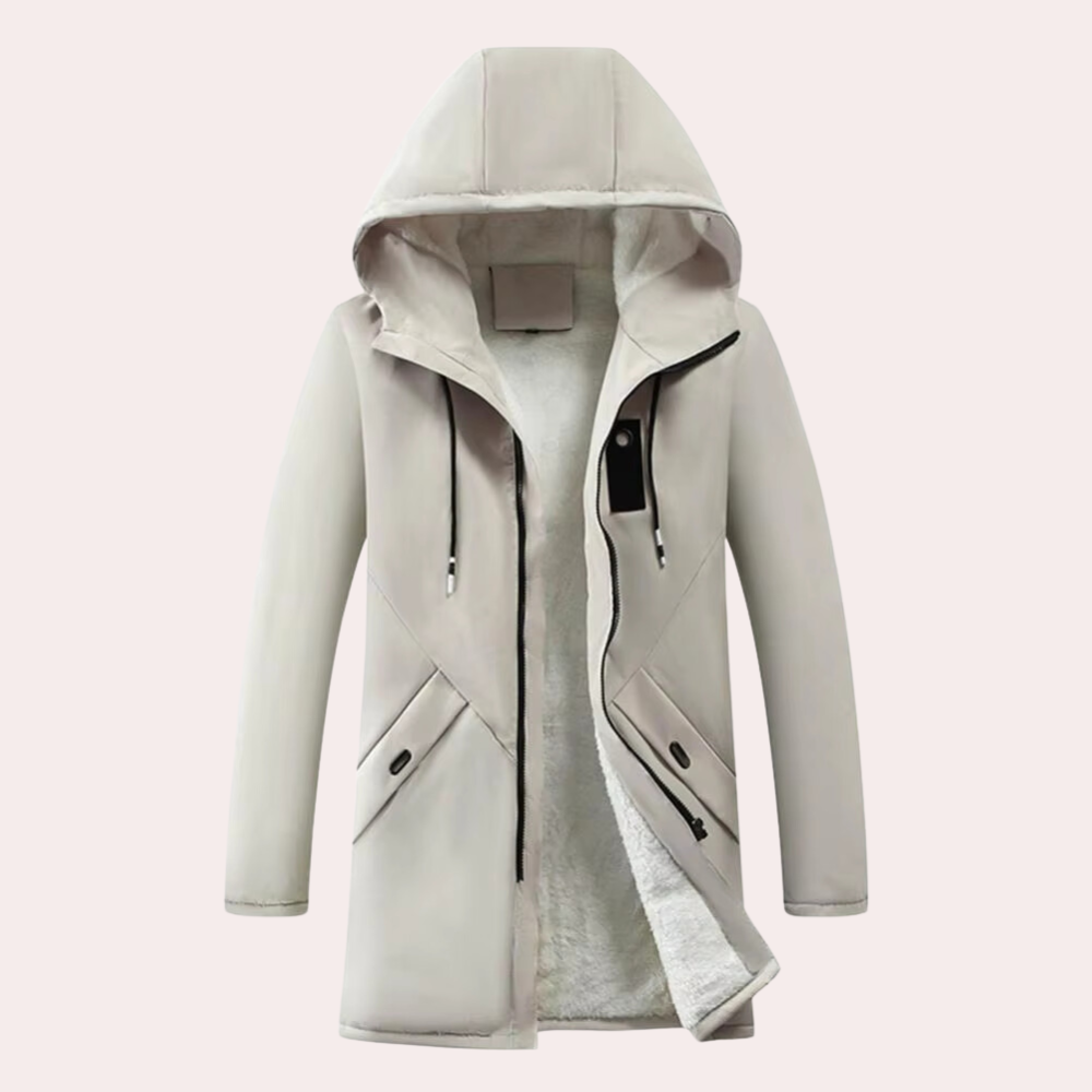 Beige Wintermantel mit Kapuze, Reißverschluss, Taschen, warmes Futter, Herrenmode, elegant.