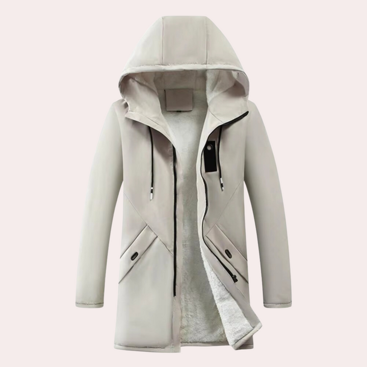 Beige Wintermantel mit Kapuze, Reißverschluss, Taschen, warmes Futter, Herrenmode, elegant.