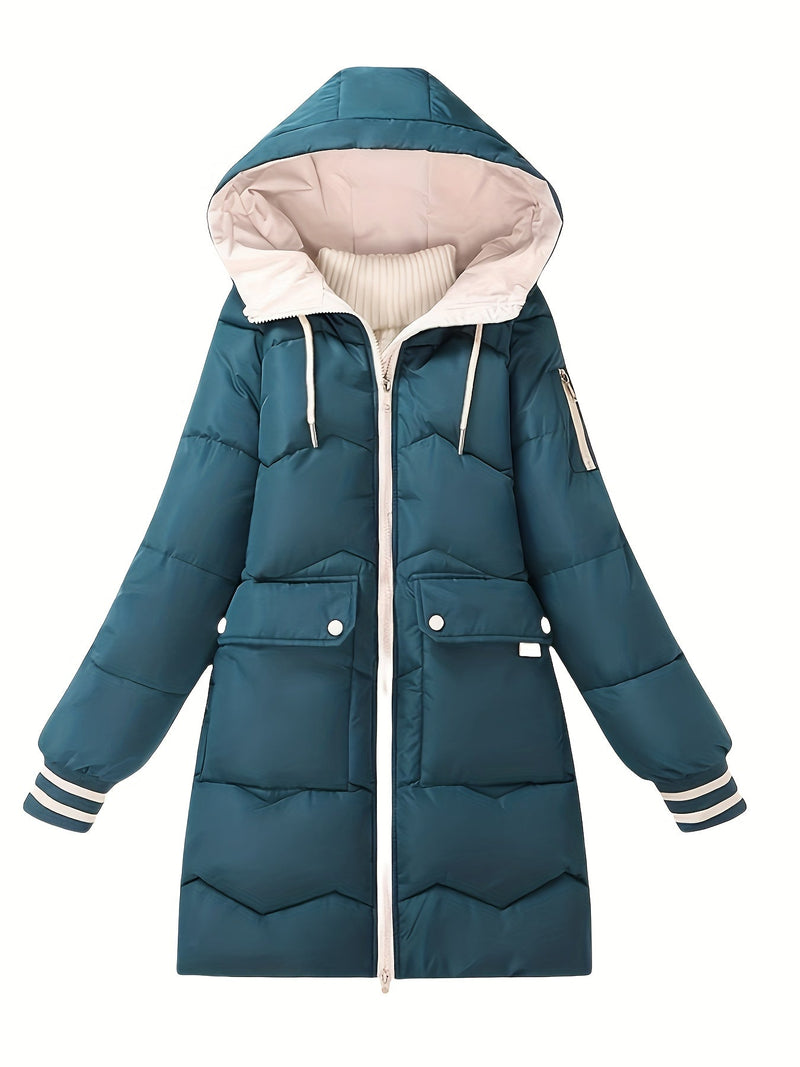 Damen Winterjacke mit Kapuze, blau, gesteppt, warm, modisch, Reißverschluss, Taschen.