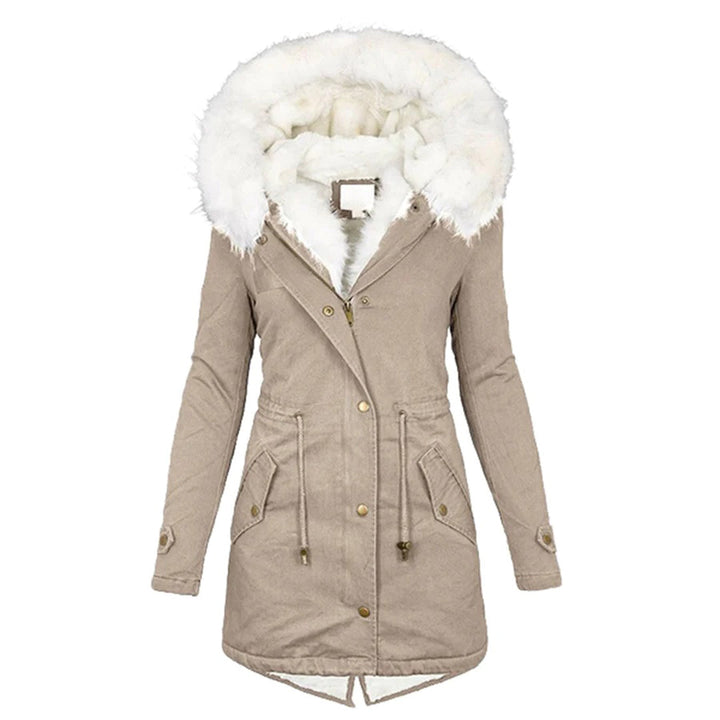 Damen Wintermantel beige mit Kapuze, Kunstfell, warm, modisch, Parka-Stil, Outdoor-Bekleidung.