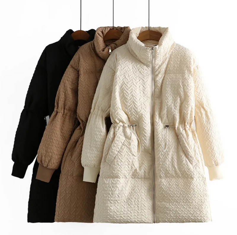 Damen Wintermantel, beige, braun, schwarz, Steppmuster, Reißverschluss, warm, modisch.