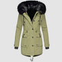 Damen Winterparka olivgrün mit Kunstfellkapuze, warm, modisch, Outdoorjacke.