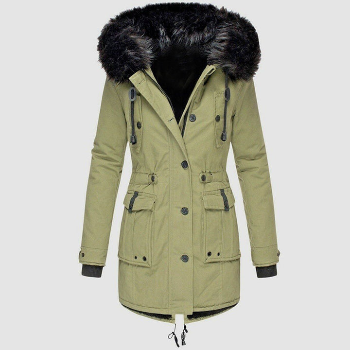 Damen Winterparka olivgrün mit Kunstfellkapuze, warm, stilvoll, Outdoor-Bekleidung.