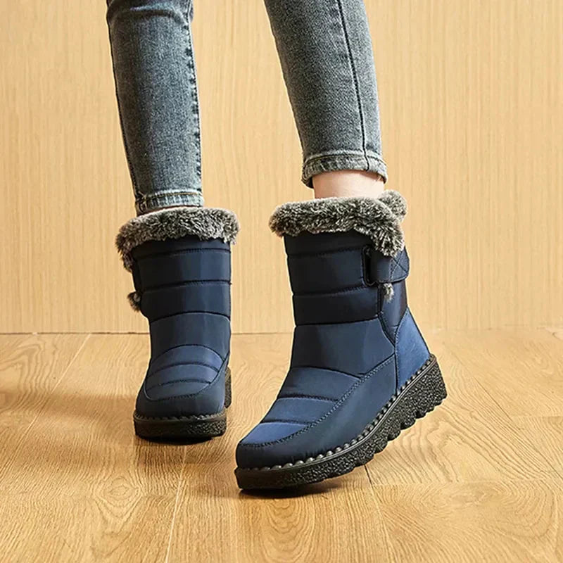 Blaue Winterstiefel mit Fellfutter, Damen, rutschfeste Sohle, warm, modisch, bequem.