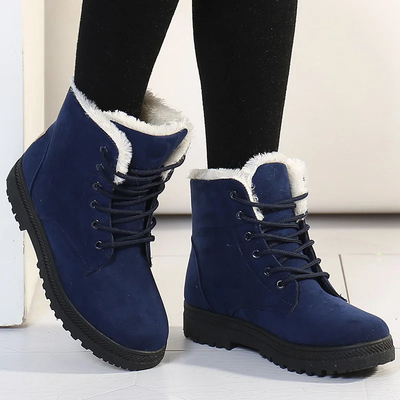 Blaue Damen-Winterstiefel mit Fellfutter, koreanischer Stil, rutschfeste Sohle, 2023.