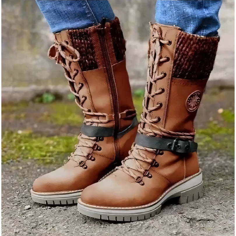 Braune Damen-Winterstiefel mit Schnürung, Leder, gefütterter Schaft, robuste Sohle, Outdoor.