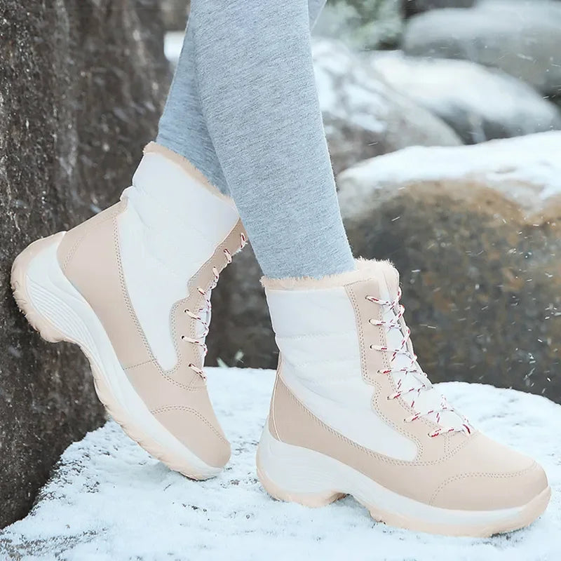 Damen-Winterstiefel, beige-weiß, dicke Sohle, Plüschfutter, Outdoor, warm, Baumwolle.