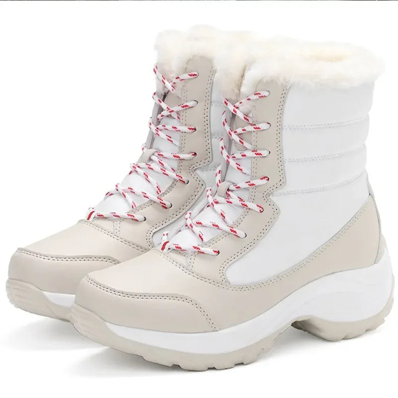 Damen-Winterstiefel, dicke Sohle, schräger Absatz, beige, Plüschfutter, Outdoor, warm.
