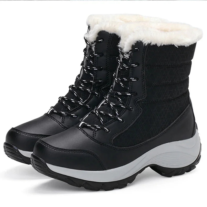Schwarze Damen-Winterstiefel, dicke Sohle, Plüschfutter, Outdoor, warm, wasserdicht.