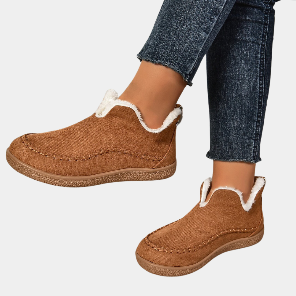 Damen-Winterstiefel, hellbraun, Kunstfell, rutschfeste Sohle, warm, bequem, modisch.