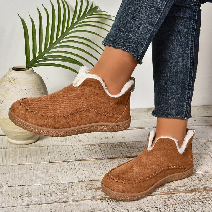 Damen Winterstiefel, hellbraun, Kunstpelzfutter, rutschfeste Sohle, gemütlich, modisch.