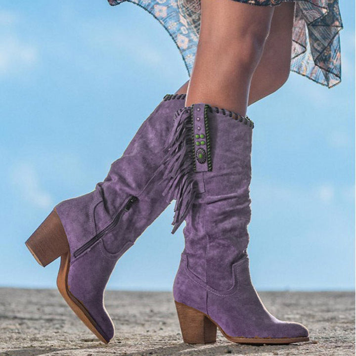 Lila Damen-Winterstiefel mit Fransen, Metallverschluss, dicker Absatz, Western-Cowboy-Stil.