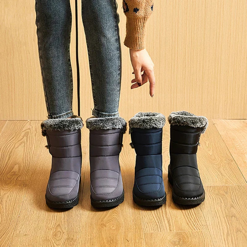 Damen Winterstiefel, gefüttert, wasserdicht, grau und schwarz, rutschfest, warm, modisch.