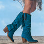 Blaue Damen-Winterstiefel, Retro-Stil, Metall-Schnalle, spitze Zehen, dicker Absatz, Fransen.