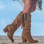 Damen-Winterstiefel, braun, Retro-Metallschnalle, spitze Zehen, dicker Absatz, Westernstil.