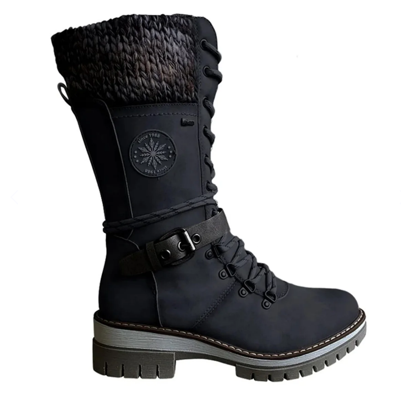 Schwarzer Damen-Winterstiefel, gefüttert, mit Schnürung und Schnalle, rutschfeste Sohle.