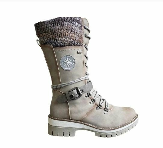 Damen Winterstiefel beige, gefüttert, Schnürung, Strickbund, rutschfeste Sohle, modisch.
