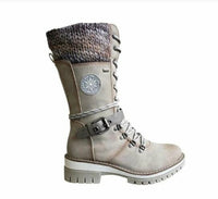 Damen Winterstiefel beige, gefüttert, Strickbund, Schnürung, rutschfeste Sohle, modisch.