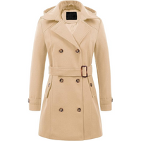 Beiger Damen-Trenchcoat mit Gürtel, doppelte Knopfleiste, Kapuze, Herbstmode.
