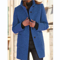 Damen Wollmantel Blau, Stehkragen, Knöpfe, Vintage-Stil, Herbst Winter Mode, Freizeitkleidung.
