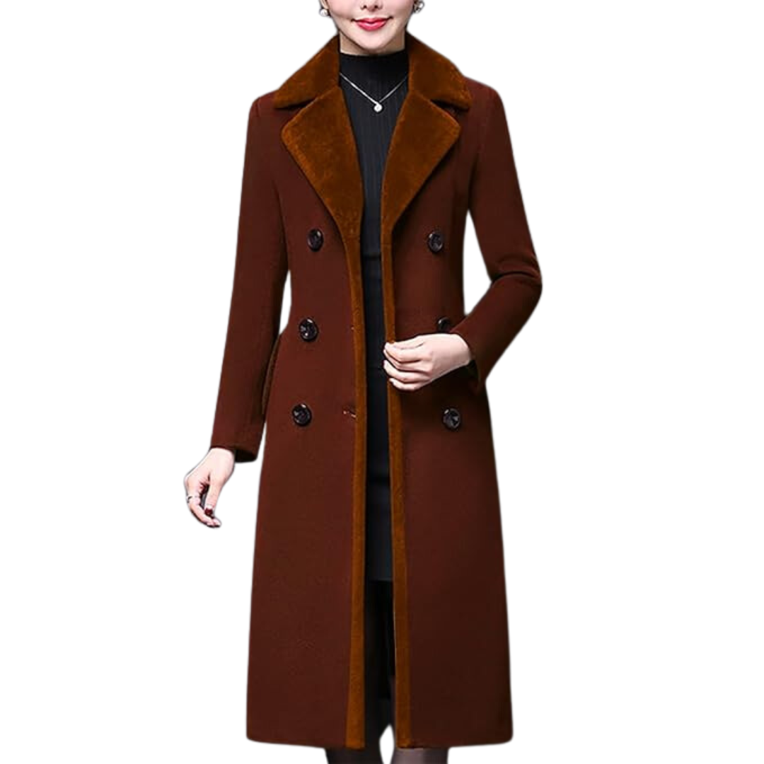 Damen Wintermantel braun, doppelt geknöpft, elegantes Design, warm, modisch, Herbstmode.