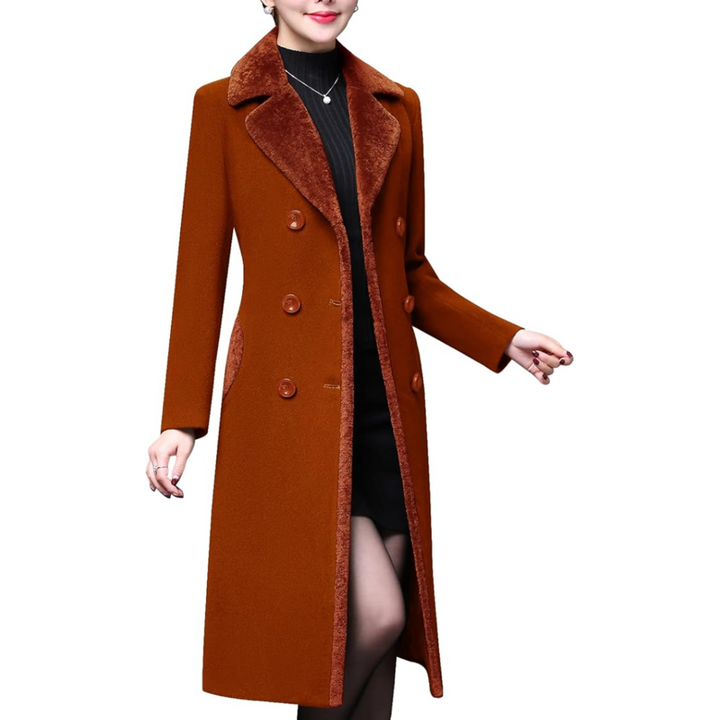 Damen Wintermantel braun, doppelt geknöpft, elegantes Design, warm, modisch, Herbstmode.