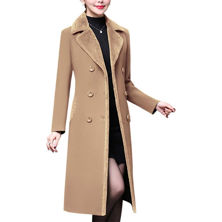 Damen Wintermantel, beige, doppelt geknöpft, Wollmischung, elegantes Design, warm, modisch.