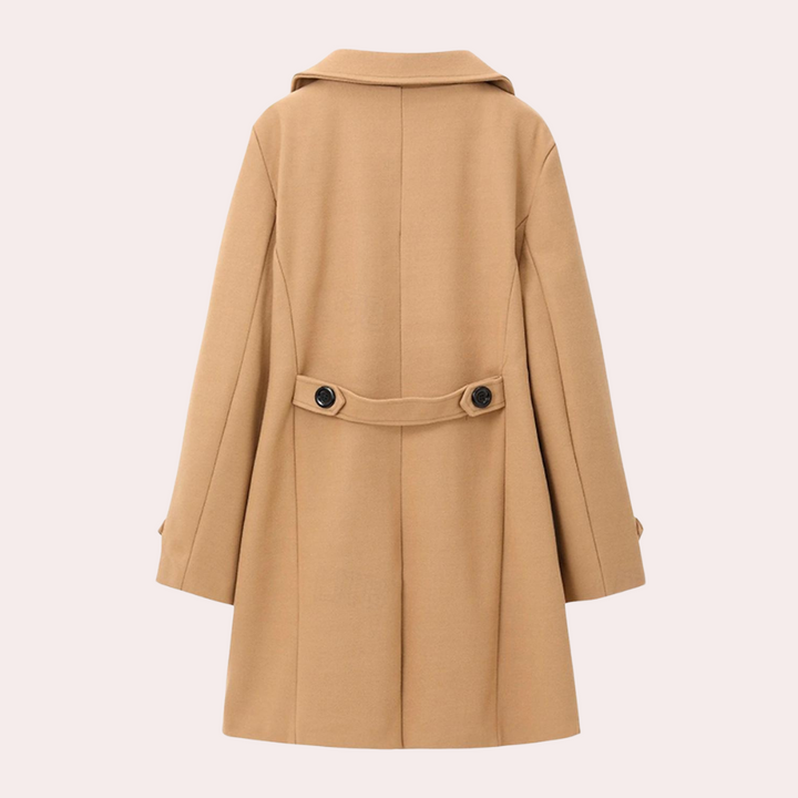 Kamelhaar Mantel, Damen, Rückansicht, Knopfleiste, eleganter Wintermantel, klassisches Design
